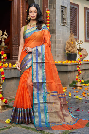 Womens Cotton Orange Saree With Blouse Piece