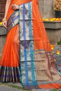 Womens Cotton Orange Saree With Blouse Piece