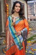 Womens Cotton Orange Saree With Blouse Piece