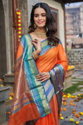 Womens Cotton Orange Saree With Blouse Piece