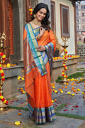 Womens Cotton Orange Saree With Blouse Piece