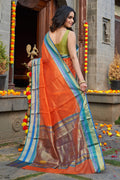 Womens Cotton Orange Saree With Blouse Piece