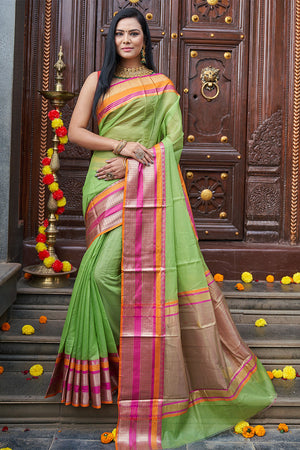 Womens Cotton Pista Saree With Blouse Piece