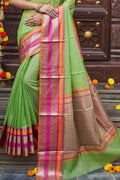 Womens Cotton Pista Saree With Blouse Piece