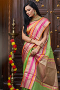 Womens Cotton Pista Saree With Blouse Piece