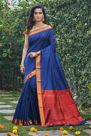 Womens Silk Blue Saree With Blouse Piece
