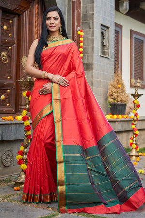 Womens Silk Red Saree With Blouse Piece
