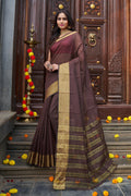 Womens Silk Brown Saree With Blouse Piece