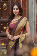 Womens Silk Brown Saree With Blouse Piece