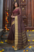 Womens Silk Brown Saree With Blouse Piece