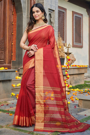Womens Silk Red Saree With Blouse Piece