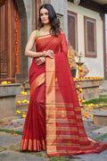 Womens Silk Red Saree With Blouse Piece