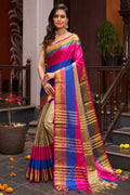 Womens Silk Pink And Chiku Saree With Blouse Piece