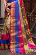Womens Silk Pink And Chiku Saree With Blouse Piece