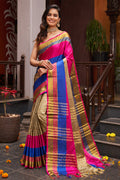 Womens Silk Pink And Chiku Saree With Blouse Piece