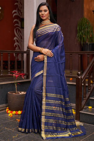 Womens Silk Blue Saree With Blouse Piece