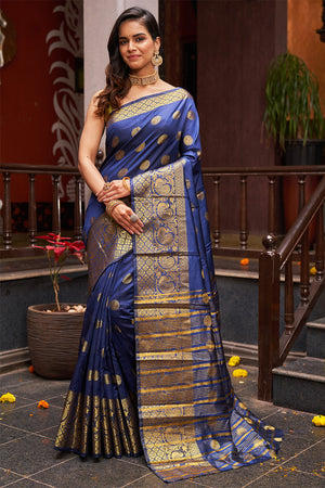 Womens Silk Blue Saree With Blouse Piece