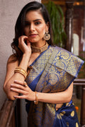 Womens Silk Blue Saree With Blouse Piece