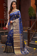 Womens Silk Blue Saree With Blouse Piece