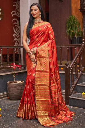 Womens Silk Red Saree With Blouse Piece