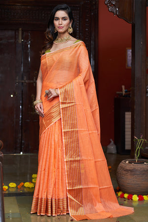 Womens Cotton Orange Saree With Blouse Piece