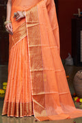 Womens Cotton Orange Saree With Blouse Piece