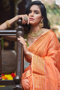 Womens Cotton Orange Saree With Blouse Piece