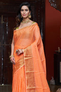 Womens Cotton Orange Saree With Blouse Piece