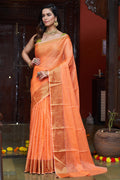 Womens Cotton Orange Saree With Blouse Piece