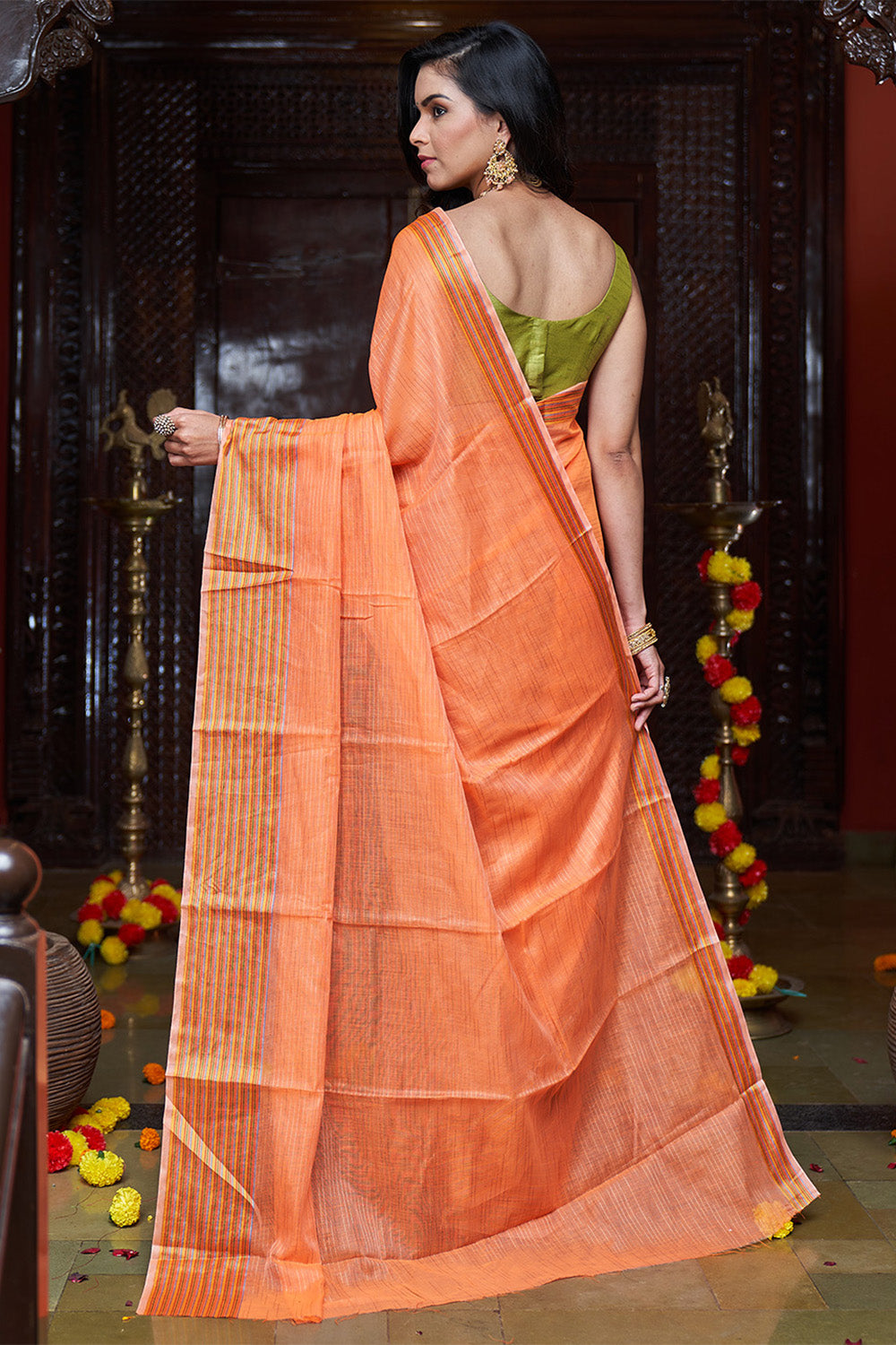 Womens Cotton Orange Saree With Blouse Piece