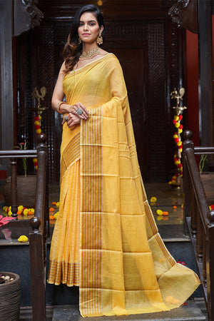 Womens Cotton Yellow Saree With Blouse Piece