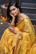 Womens Cotton Yellow Saree With Blouse Piece