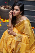 Womens Cotton Yellow Saree With Blouse Piece
