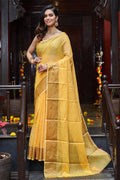 Womens Cotton Yellow Saree With Blouse Piece