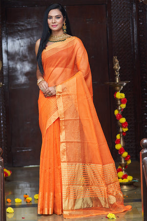 Womens Silk Orange Saree With Blouse Piece