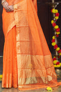 Womens Silk Orange Saree With Blouse Piece