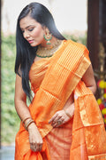 Womens Silk Orange Saree With Blouse Piece