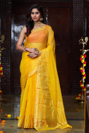 Womens Silk Yellow Saree With Blouse Piece