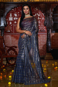 Womens Cotton Gray Saree With Blouse Piece