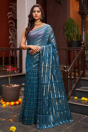 Womens Cotton Blue Saree With Blouse Piece