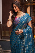 Womens Cotton Blue Saree With Blouse Piece