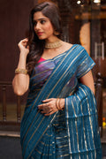 Womens Cotton Blue Saree With Blouse Piece