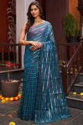 Womens Cotton Blue Saree With Blouse Piece