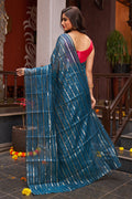 Womens Cotton Blue Saree With Blouse Piece