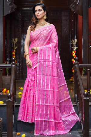 Womens Cotton Pink Saree With Blouse Piece