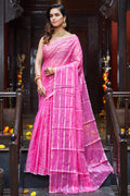Womens Cotton Pink Saree With Blouse Piece