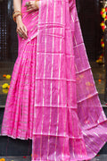 Womens Cotton Pink Saree With Blouse Piece