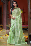 Womens Cotton Pista Saree With Blouse Piece