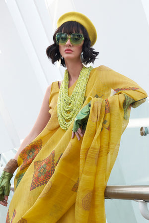 Yellow Banarasi Silk Printed Tissue Saree With Blouse Piece