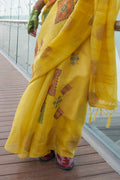 Yellow Banarasi Silk Printed Tissue Saree With Blouse Piece